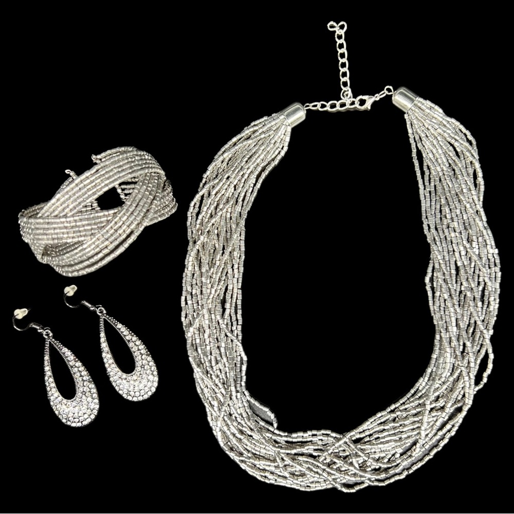 Necklace Earrings Bracelet Silver tone Seed Beads & Rhinestone Bundle NEW BUNDLE - Picture 2 of 10